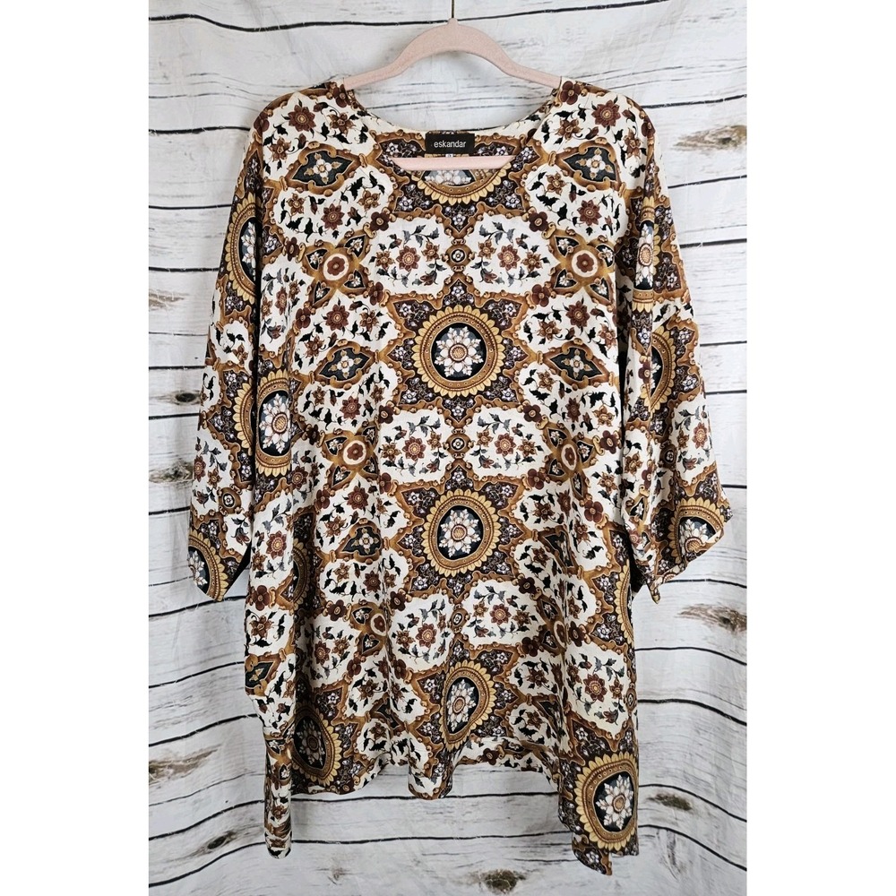 Eskandar Floral 100% Silk Tunic Top Sz 0 Medallion Print Lagenlook Oversized